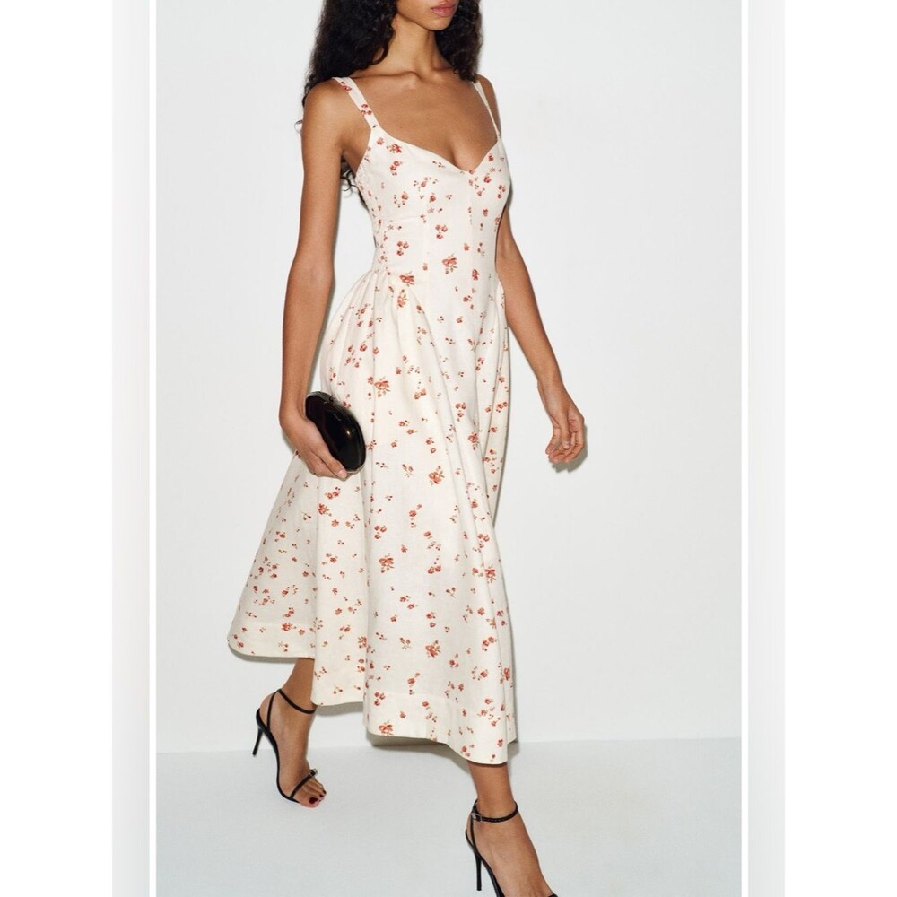 NWOT Reformation Birdie Floral Linen Midi Dress Cream with Rust Floral